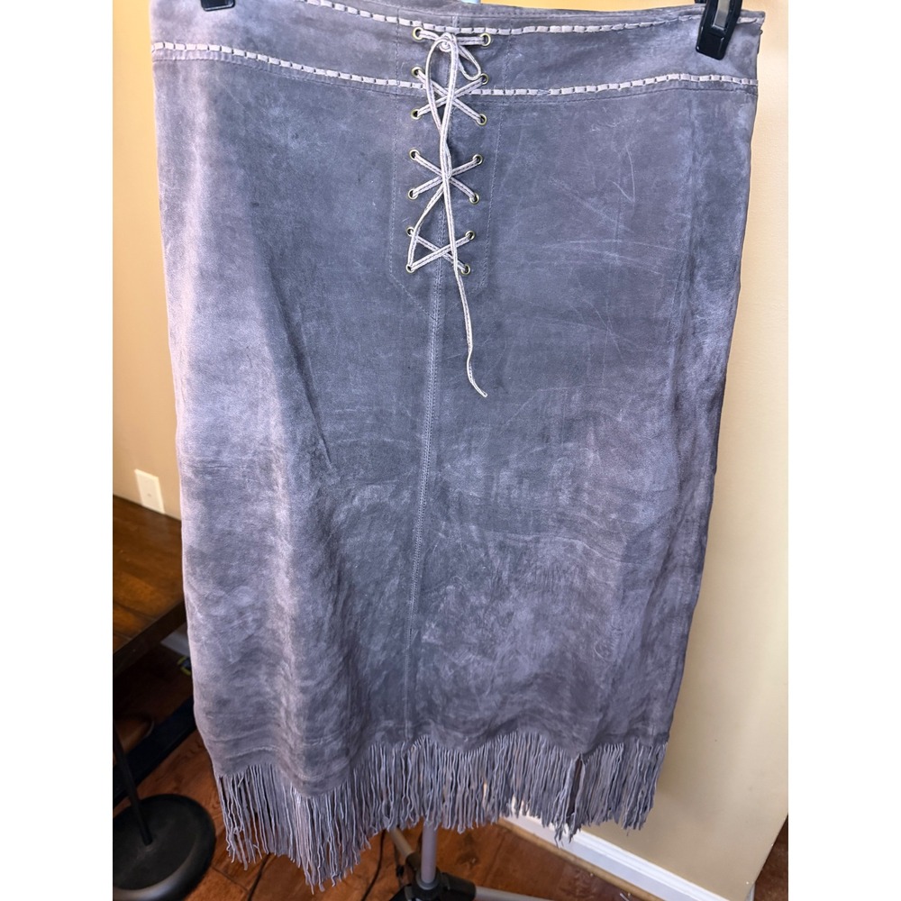 In Suede Brown Genuine Suede Fringe Midi Skirt Lace Up Western Boho Size 8